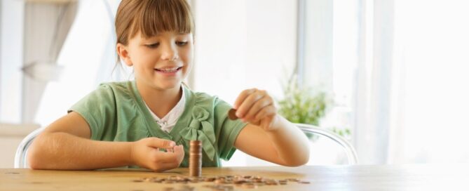 A young girl stacks up the pennies from her allowance.
