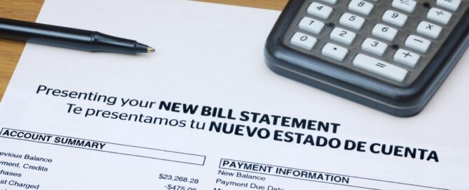 A bill statement presents information in English and Spanish.